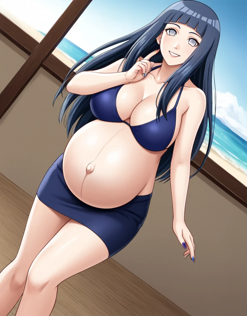 HYUUGAHIN, LIGHT GRAY TOP, "BLACK LONG HAIR", BLUE EYES, 1GIRL, BLUNT BANGS, Hinata Hyuga, Naruto: The Last, long indigo hair, straight hair, soft bangs, pale lavender eyes, mature, refined, elegant,
high-quality, ultra-detailed, beast quality, 8K resolution, anime style, 
beach, looking at viewer, dutch angle, cowboy shot, smile, pregnant belly, large belly, big belly, big Breasts, belly button, bikini, skirt,
1girl,solo, indoors, happy, Smiling,
full body, Nail polish, running,