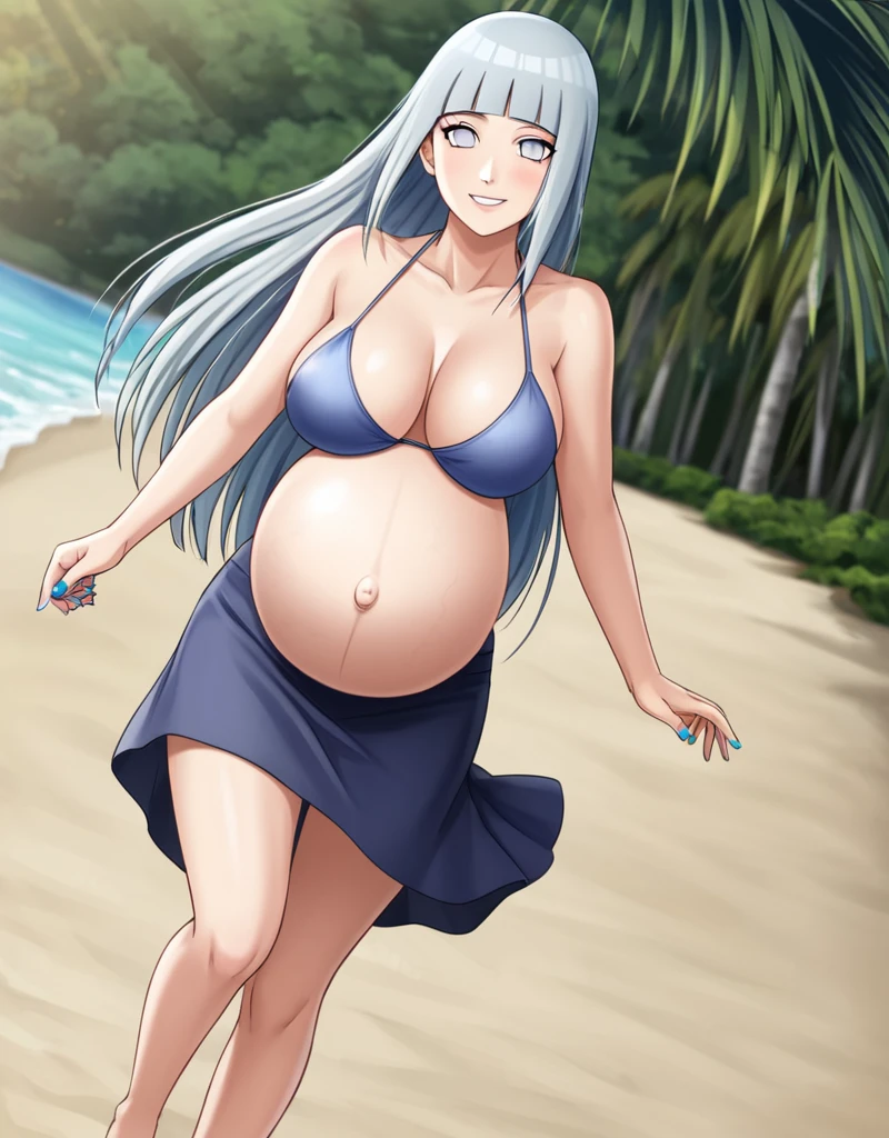 HYUUGAHIN, LIGHT GRAY TOP, "BLACK LONG HAIR", BLUE EYES, 1GIRL, BLUNT BANGS, Hinata Hyuga, Naruto: The Last, long indigo hair, straight hair, soft bangs, pale lavender eyes, mature, refined, elegant,
high-quality, ultra-detailed, beast quality, 8K resolution, anime style, 
beach, looking at viewer, dutch angle, cowboy shot, smile, pregnant belly, large belly, big belly, big Breasts, belly button, bikini, skirt,
1girl,solo, indoors, happy, Smiling,
full body, Nail polish, running,