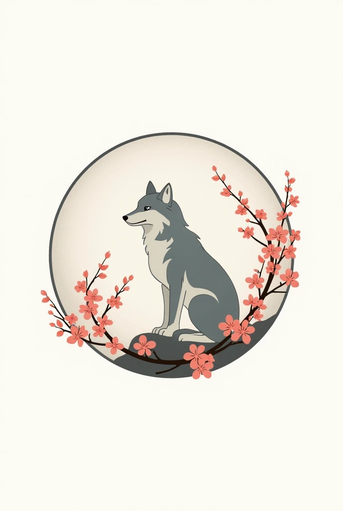 Logo for photography business named Okami Productions. Include a minimalistic wolf, business name, and sakura flowers in the logo. Make logo circular.