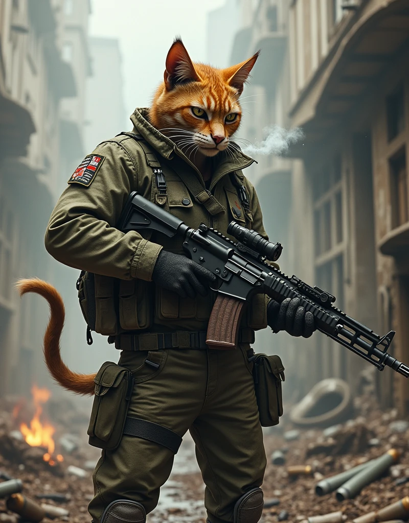 catboy, wearing army clothes, holding a rifle, smoking a cigarette, karo, 8k