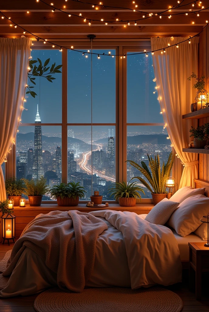 {cinematic scene, 4K ultra-realistic rendering with a touch of fairy-tale charm} A cozy and enchanting bedroom with a breathtaking view of a sparkling cityscape at night, visible through large, floor-to-ceiling windows. The room is bathed in a warm, golden glow from numerous small, twinkling fairy lights draped across the ceiling, creating a magical atmosphere. The bed, positioned to take full advantage of the view, is covered in soft, inviting fabrics in deep greens and rich earthy tones, with a plush, oversized blanket that invites relaxation. The walls are lined with lush plants and rustic wooden shelves, filled with potted greenery and a mix of vintage books and charming trinkets. A few candles flicker gently on the windowsill, adding to the room's warm and inviting ambiance. The floor is covered with a thick, woven rug in natural tones, enhancing the room's cozy, lived-in feel. Soft drapery hangs from the ceiling, gently framing the bed and adding a whimsical, fairy-tale touch to the space. The entire room exudes warmth, comfort, and a sense of magical serenity, making it the perfect retreat from the bustling world outside. {Shot with a 35mm lens, warm ambient lighting, soft focus} {Art inspired by cozy cabin interiors, urban fairy tales, and natural warmth}