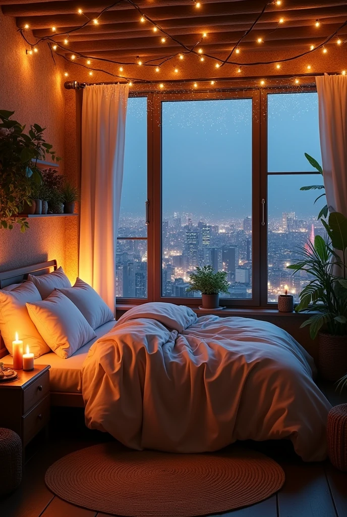 {cinematic scene, 4K ultra-realistic rendering with a touch of fairy-tale charm} A cozy and enchanting bedroom with a breathtaking view of a sparkling cityscape at night, visible through large, floor-to-ceiling windows. The room is bathed in a warm, golden glow from numerous small, twinkling fairy lights draped across the ceiling, creating a magical atmosphere. The bed, positioned to take full advantage of the view, is covered in soft, inviting fabrics in deep greens and rich earthy tones, with a plush, oversized blanket that invites relaxation. The walls are lined with lush plants and rustic wooden shelves, filled with potted greenery and a mix of vintage books and charming trinkets. A few candles flicker gently on the windowsill, adding to the room's warm and inviting ambiance. The floor is covered with a thick, woven rug in natural tones, enhancing the room's cozy, lived-in feel. Soft drapery hangs from the ceiling, gently framing the bed and adding a whimsical, fairy-tale touch to the space. The entire room exudes warmth, comfort, and a sense of magical serenity, making it the perfect retreat from the bustling world outside. {Shot with a 35mm lens, warm ambient lighting, soft focus} {Art inspired by cozy cabin interiors, urban fairy tales, and natural warmth}