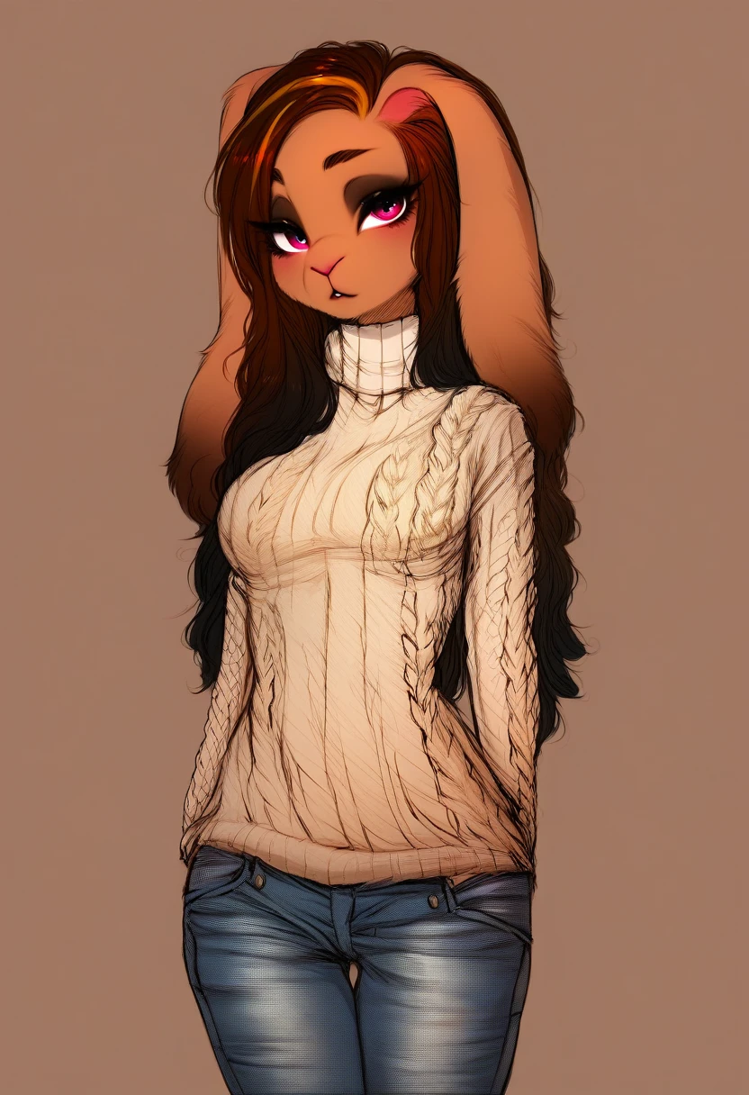digital_media_(artwork) hi_res, score_9, score_8_up, score_7_up, score_6_up, score_5_up, score_4_up, rating_safe, beautiful, intricate, high quality details, highly detailed, amazing quality, anthro, furry, female, detailed textured fur, fur tufts, fluffy, slim, slender, cute, small, detailed sexy eyes, solo, SFW, rabbit, lop ears, long sweater, baggy denim jeans, long hair, multicolored hair, streaked hair, absurdres, highres, goth, heavy eyeliner, heavy eye shadow, breasts,