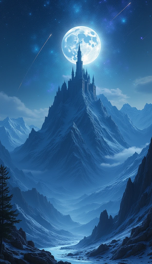 Vast Landscape Photo (view from bottom, which shows the sky at the top), Fortress at the top (full moon: 1,2), (Shooting stars: 0,9), (nebula: 1,3), A Distant Mountain ,(Cold light source:1.2), Mountain, Snow-capped mountains, voluminous lighting, реализм BREAK (tmasterpiece:1.2), (beste-Qualit), 4K, Ultra-detailed, (Dynamic composition: 1.4), Detailed, colorful details, (Cool color scheme: 1.2), (Glowing Lighting, Ambiance Lighting), dreamy, elvish, (solo: 1.2)