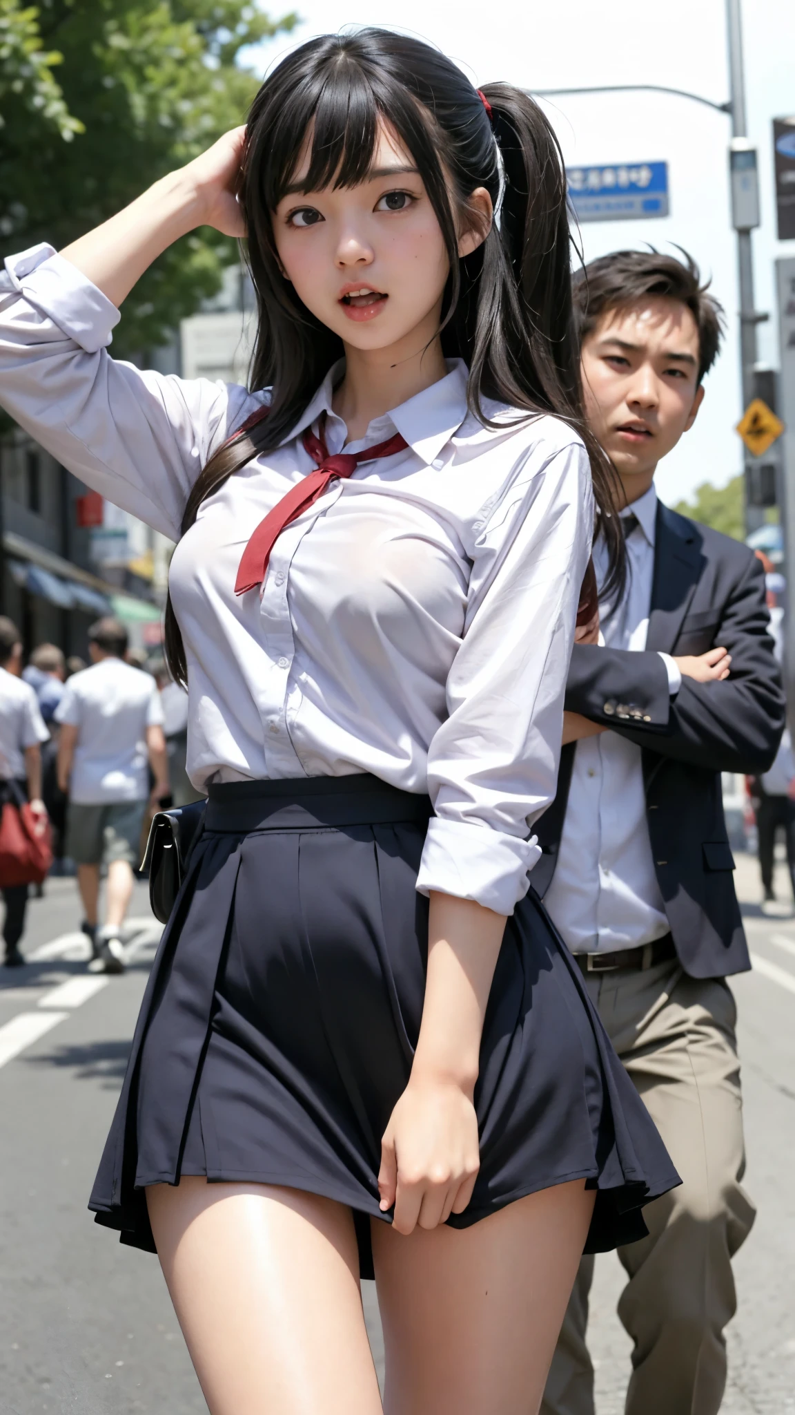 Innocent and beautiful high school girl and perverted men, molested by perverted men lying in wait, idol-like -faced beauty, running away in her underwear, being seen being molested in public and screaming with her mouth open in embarrassment, asking viewers for help, harassed by perverted men on the street, beautiful black hair, heightened sensitivity, beautiful eyes, ultra-high quality, looking down, leaning with weight on thighs, slender body, Japanese, anatomically correct