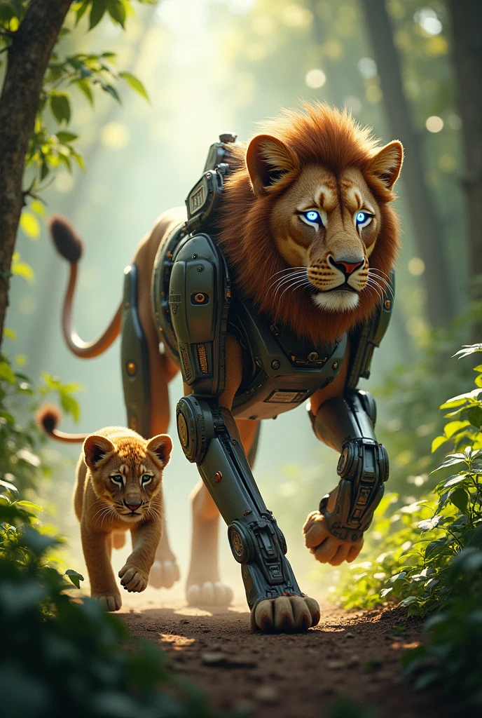 Cyborg lion running with baby lion through the jungle 