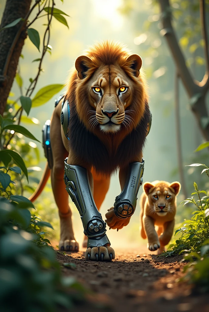 Cyborg lion running with baby lion through the jungle