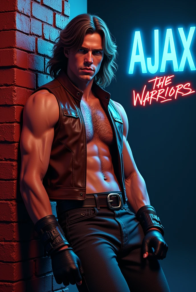 masterpiece, anatomically correct, super detail, best quality, textured skin, award winning, 4K film The Warriors 1979 Stylized poster featuring a man (James Remar) leaning against a red brick wall. The man has white skin, shoulder-length hair and a dark gigachad face with a serious expression. He is wearing a sleeveless brown leather vest, classic retro black genuine leather gloves, middle finger gloves, a black belt with a large buckle and dark pants. His arms are crossed with his foot resting on the wall. The background is a dark blue to black gradient, transitioning into the red brick wall. The word 'AJAX' is displayed in bright blue neon letters in the top right corner. In the bottom right corner there is a logo
red color, with the text in red graffiti style font ‘The Warriors’