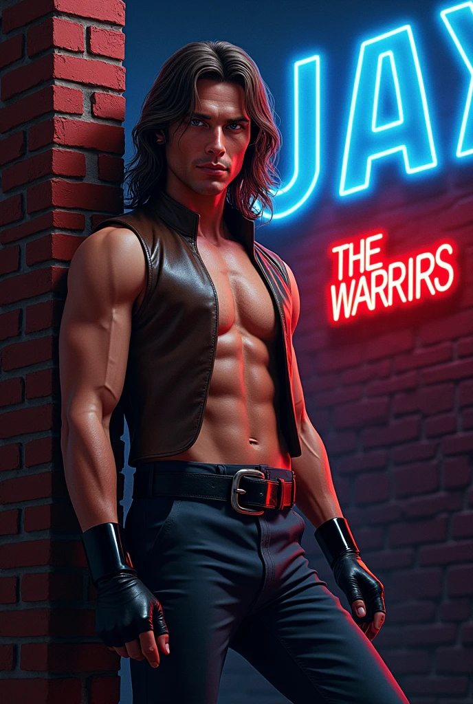 masterpiece, anatomically correct, super detail, best quality, textured skin, award winning, 4K film The Warriors 1979 Stylized poster featuring a man (James Remar) leaning against a red brick wall. The man has white skin, shoulder-length hair and a dark gigachad face with a serious expression. He is wearing a sleeveless brown leather vest, classic retro black genuine leather gloves, middle finger gloves, a black belt with a large buckle and dark pants. His arms are crossed with his foot resting on the wall. The background is a dark blue to black gradient, transitioning into the red brick wall. The word 'AJAX' is displayed in bright blue neon letters in the top right corner. In the bottom right corner there is a logo 
red color, with the text in red graffiti style font ‘The Warriors’