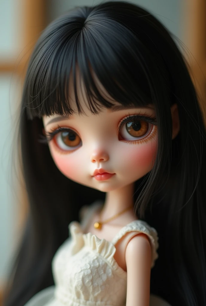 Blythe doll with slightly slanted brown eyes, long black hair and bangs on the sides that are not very noticeable, light skin but not too much