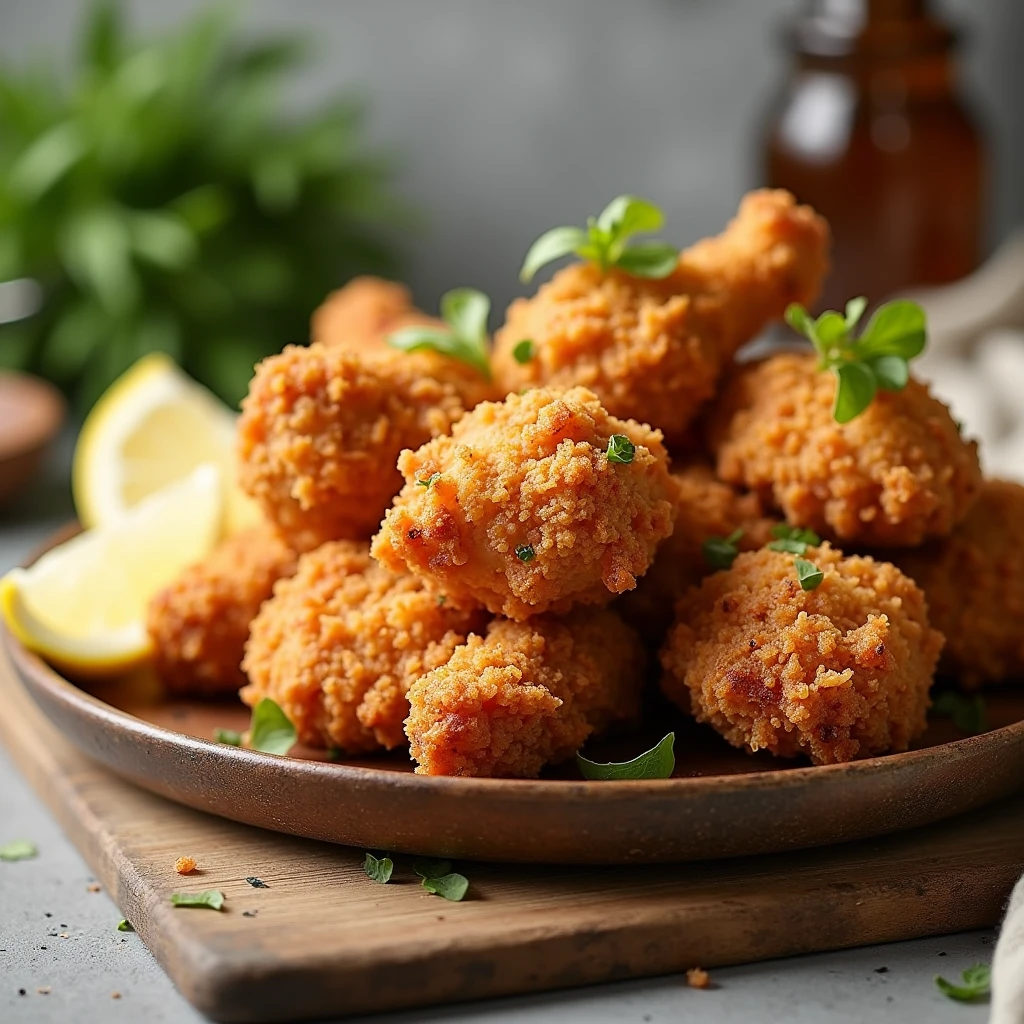 Create a high-quality photograph of a serving of crispy fried chicken. The image should feature a close-up view of the fried chicken, showcasing its golden-brown, crispy texture. Arrange the chicken pieces attractively on a clean, simple plate or rustic wooden board, with some garnishes like fresh herbs or lemon wedges to add color and contrast. Use natural or soft lighting to enhance the texture and detail of the chicken, avoiding harsh shadows. Ensure the background is neutral and uncluttered to keep the focus on the food. The photograph should have a sharp focus and vibrant colors, capturing the appetizing details of the fried chicken and making it look delicious and inviting.