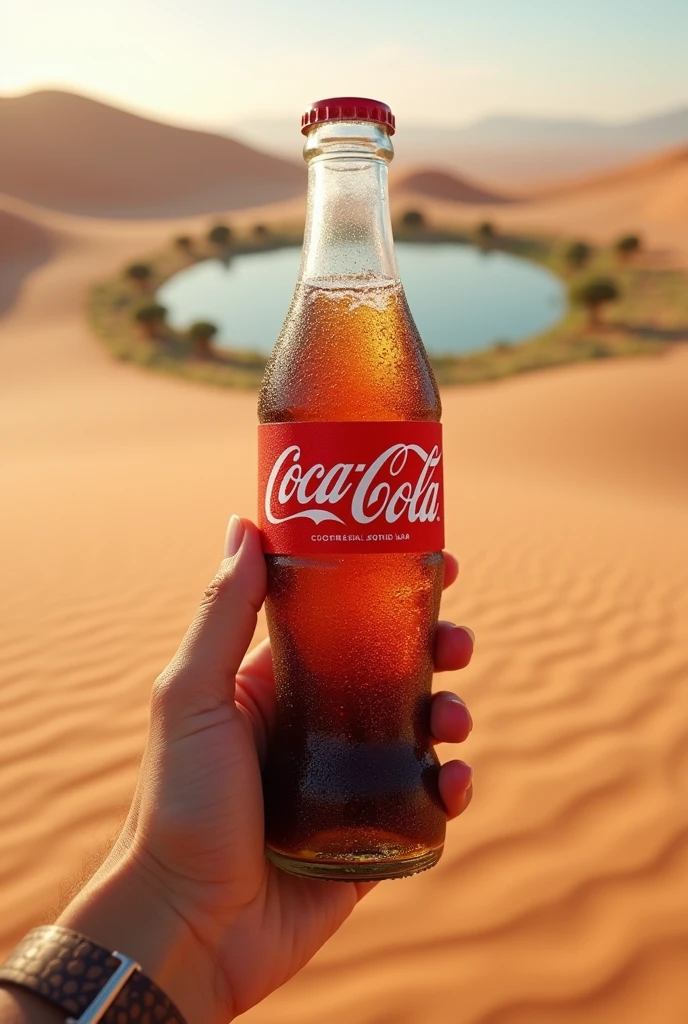 Makes a Coca Cola in a desert with a mini lake in the background