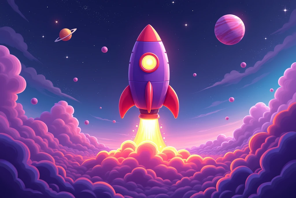 a cartoon rocket taking off with space and planets in the background i want it to have a purple theme in landscape mode