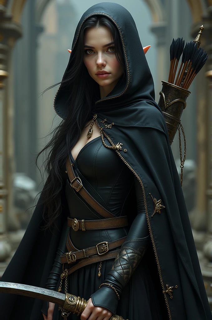 Draw a female half-elf with white skin, little elf ears, Bblack hair, eyes browns, wearing a black cloak with gold details and a built-in hood holding a crossbow in his hands and a quiver on his back with a handful of arrows.