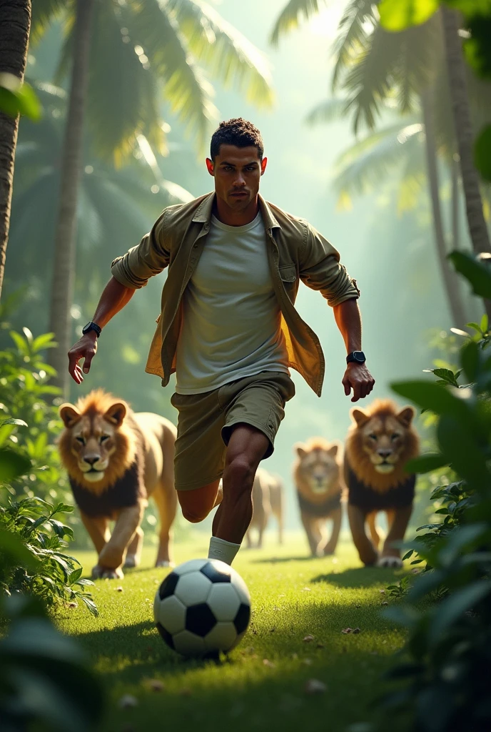 Cristiano Ronaldo;dans la jungle;porte un t-shirt blanc et une chemise kaki;une culot et rattrape le ballon;des lions derrière lui