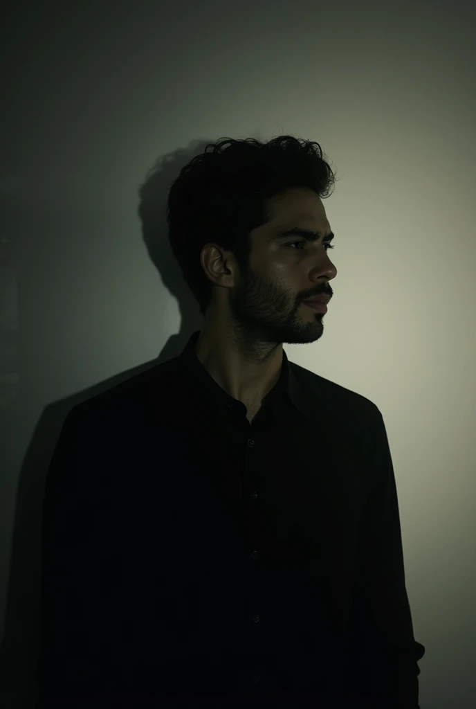 Men shadow image on wall, 176 cm tall, short hair, hair wave look, square face, black shirt, half image back shot