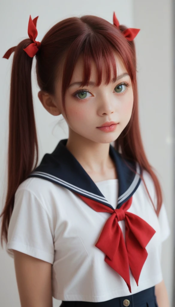 UltrarealismAccuracy, textured leather, Realistic anatomy,similar to Lyvlas 1 girl,schoolgirl, Breasts size A, blushing, twintails, ruby hair, bang, bang на глаза, front view, looks at the viewer,green eyes, shyming, close mounth,Double tails, hair ribbon, Hood thrown back,schoolgirl uniform,anime style 