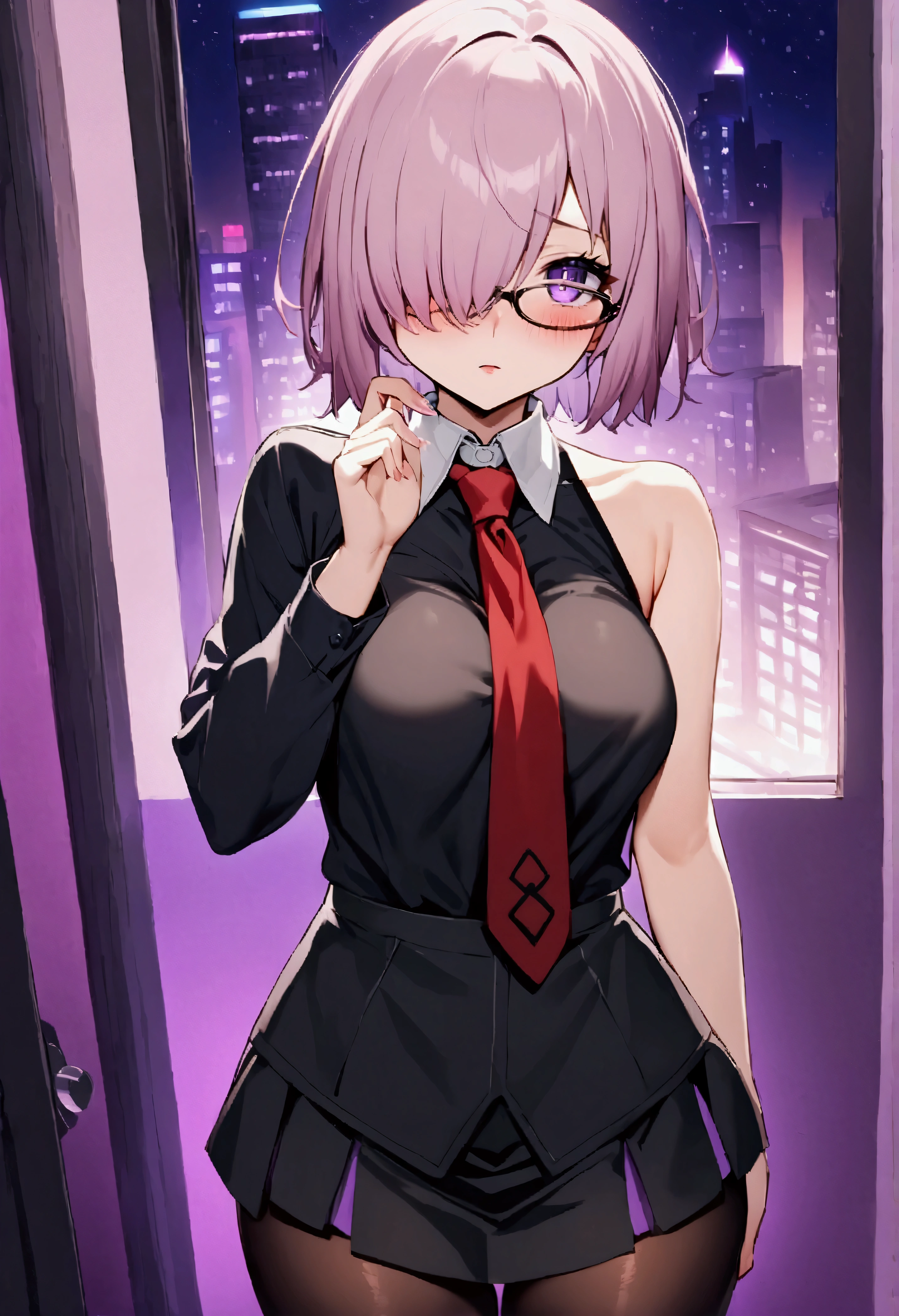 NSFW,masterpiece,Highest quality,High resolution,Very detailed,Mash Kyrielight\(Fate/grandorder\),short hair,Purple Eyes,Pink Hair,(Hair over one eye:1.2),Glasses,Collared shirt,(White collar:1.1),Black Shirt,tie,赤いtie,No sleeve,Off the shoulder,mini skirt,Black Skirt,(Black Pantyhose:1.2),Nightlife,Love Hotel