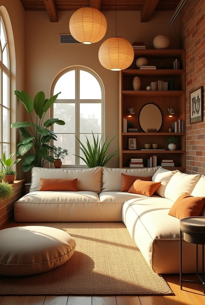 {cinematic scene, 4K ultra-realistic rendering with a warm, cozy atmosphere} A stunning, sunlit living room with a grand arched window that floods the space with natural light, making the warm tones of the room glow. The room features an oversized, plush sectional sofa and large floor cushions, all covered in soft, textured fabrics in warm beige, cream, and soft caramel tones. The floor is adorned with a thick, handwoven rug in earthy hues, adding to the room's cozy, welcoming feel. The walls are a beautiful blend of exposed brick and warm wooden panels, with stylish, floating shelves filled with books, plants, and elegant decor pieces. Hanging from the high ceiling are large, round paper lanterns that cast a soft, warm light, enhancing the room's inviting ambiance. The space is dotted with lush greenery, including tall plants by the window and smaller potted plants on the shelves, adding a touch of nature. A mix of modern and vintage accents, such as a sleek floor lamp, an antique mirror, and artisanal pottery, complete the room's stylish yet homely aesthetic. The overall design is a perfect blend of warmth, style, and comfort, making it an ideal space for relaxation and socializing. {Shot with a 35mm lens, natural warm lighting, soft focus} {Art inspired by cozy modern interiors, warm minimalist design, and natural elements}