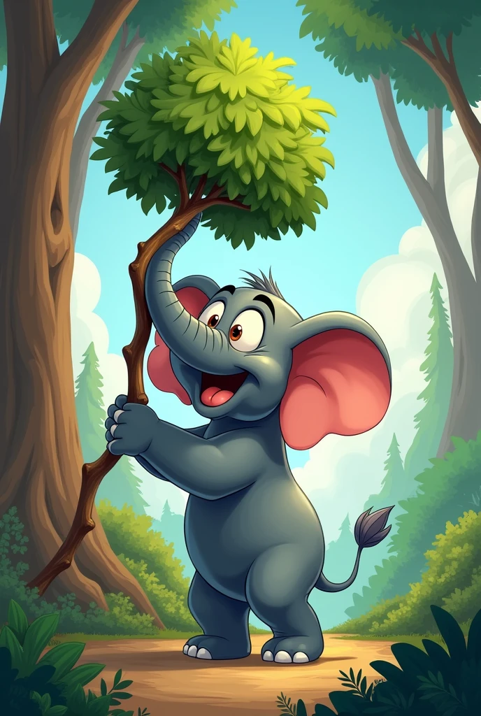 Create a cartoon elephant lifting a tree with its trunk 