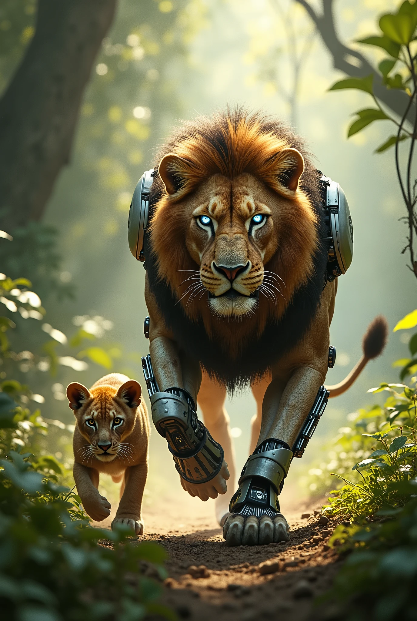 Cyborg lion running with baby lion through the jungle