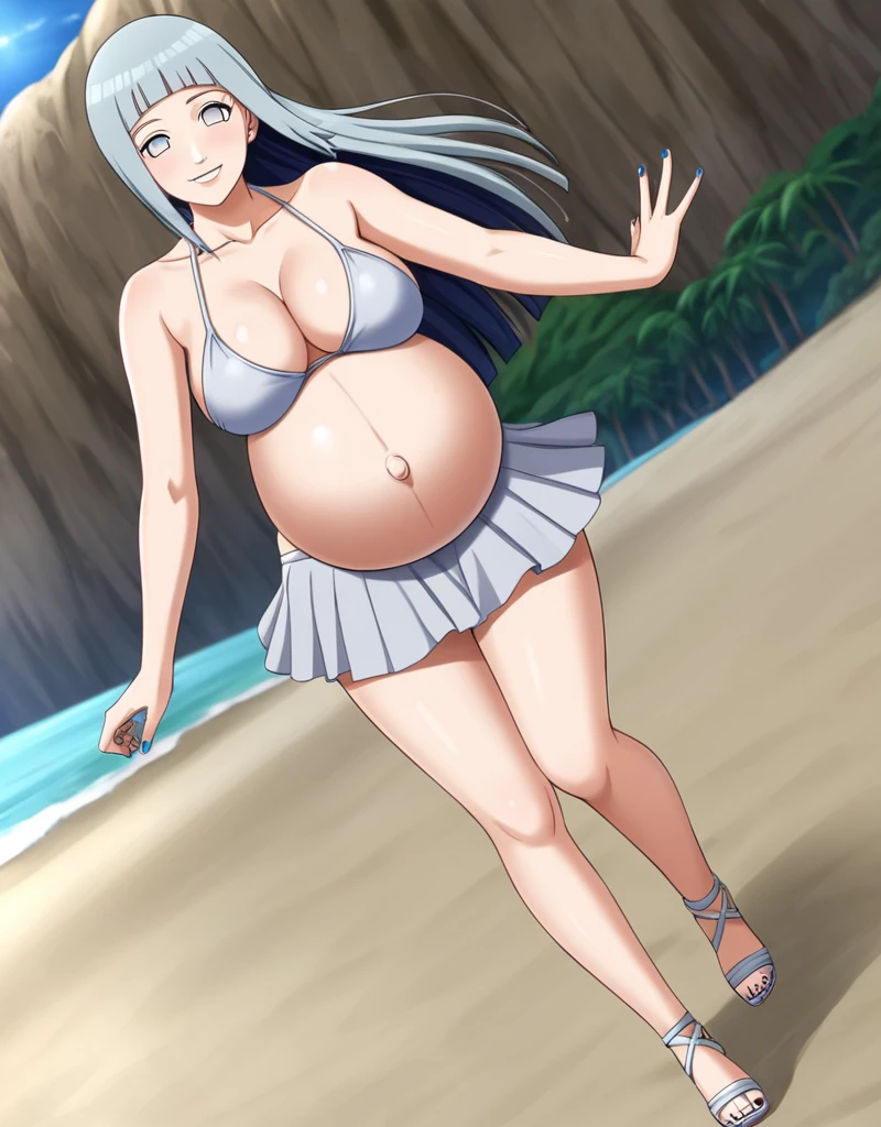 HYUUGAHIN, LIGHT GRAY TOP, "BLACK LONG HAIR", BLUE EYES, 1GIRL, BLUNT BANGS, Hinata Hyuga, Naruto: The Last, long indigo hair, straight hair, soft bangs, pale lavender eyes, mature, refined, elegant,
high-quality, ultra-detailed, beast quality, 8K resolution, anime style, 
beach, looking at viewer, dutch angle, cowboy shot, smile, pregnant belly, large belly, big belly, big Breasts, belly button, bikini, skirt,
1girl,solo, indoors, happy, Smiling,
full body, Nail polish, running,