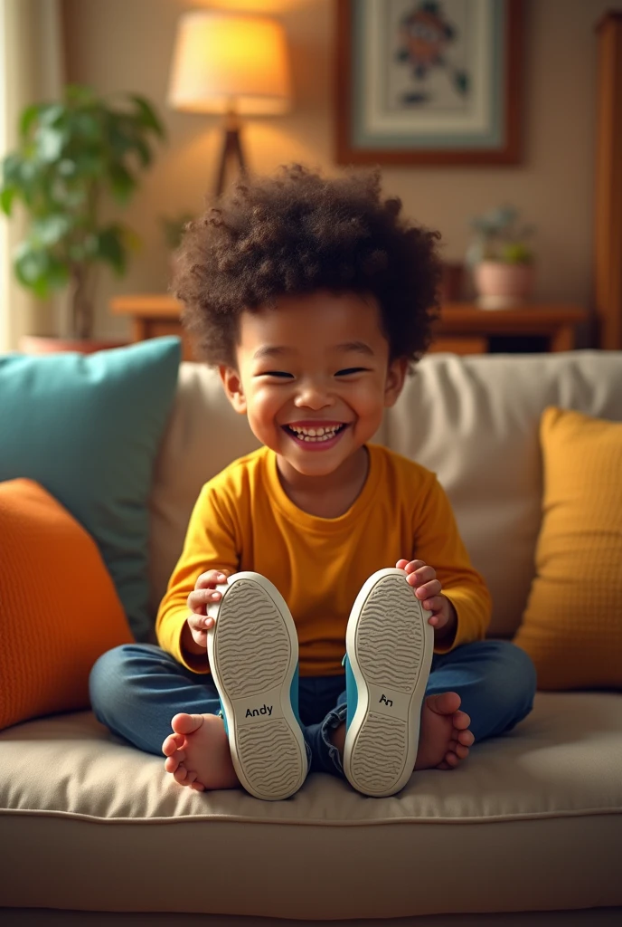 Create 1 photo of a happy child sitting on the couch holding his sneaker in his hand showing the sole where it says Andy