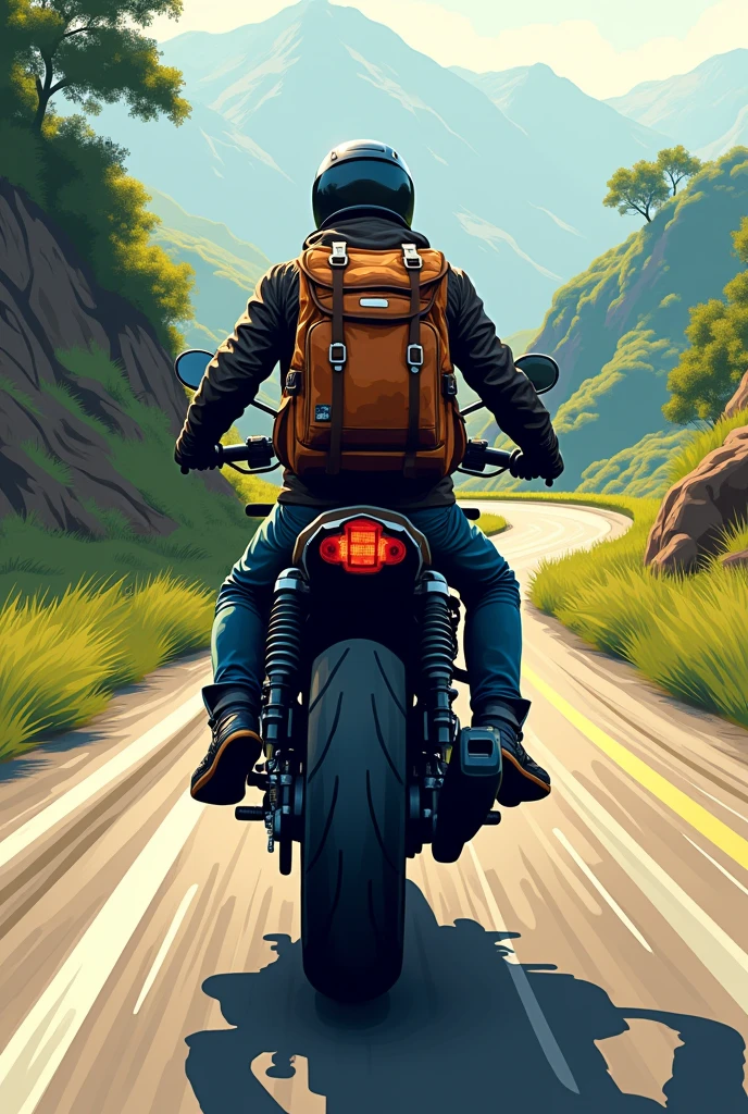 Drawing of a motorcyclist on a motorcycle from behind with a camping backpack