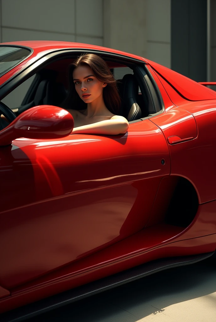 beautiful woman driver, sports car, red dress, large breasts, canyon background, photorealistic, 8k, high quality, hyper detailed, masterpiece, cinematic lighting, dramatic composition, realistic render, volumetric lighting, atmospheric depth, vibrant colors, chiaroscuro, dramatic shadows, impeccable details