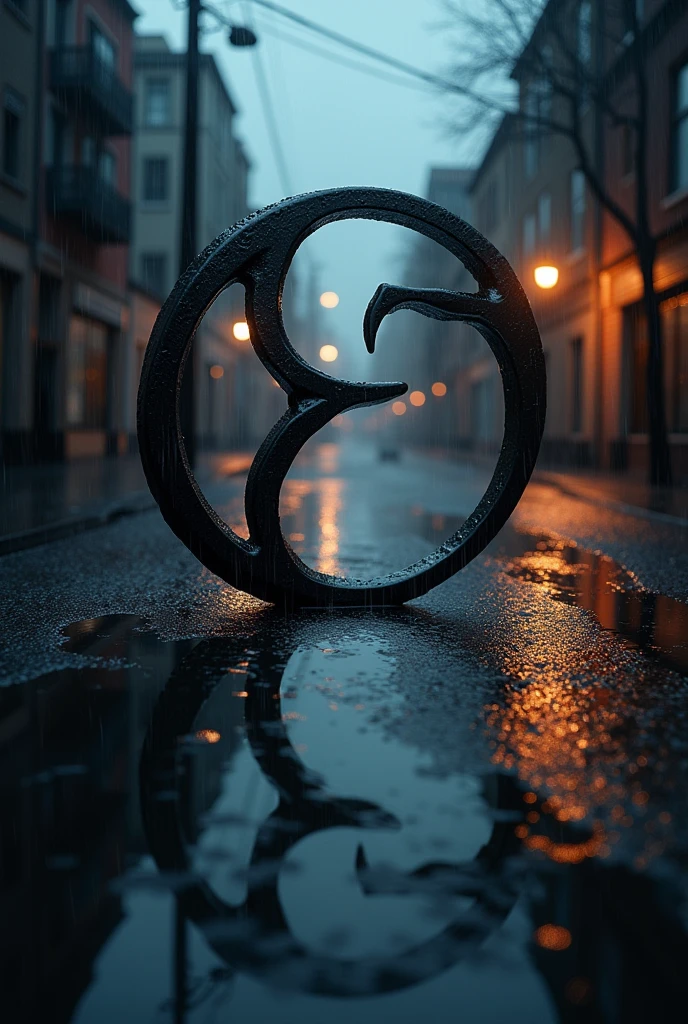 Create a mirrored logo with rain in the background of a street named evanescence