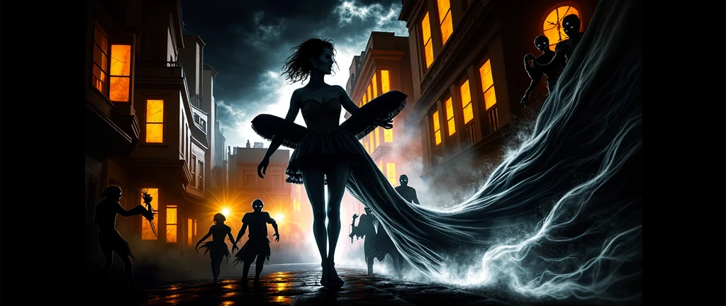 Illustration, Vibrant color palette, Dynamic linework, Exaggerated expressions, Detailed shading: A dark, mysterious Dark beautiful latin woman with cute legs, surrounded like in the horror movies with zombies with dramatic expressions, a grim atmospheric setting, and a striking color palette.(((ultra realistic))) Photo, masterpiece, top quality, (pale skin), (Ultra detailed face and eyes:1.1)