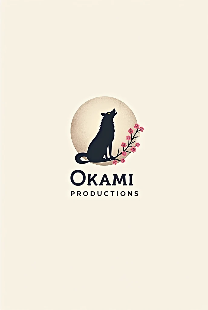 Logo for photography business named Okami Productions. Include a minimalistic wolf, business name, and sakura flowers in the logo. Make logo circular.