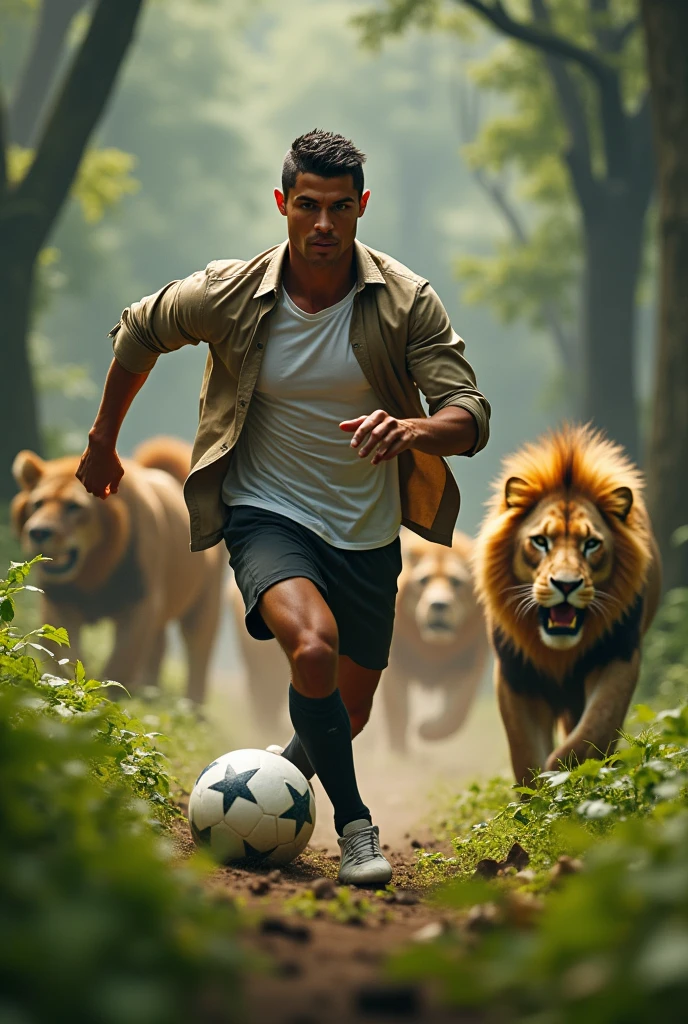 Cristiano Ronaldo;dans la jungle;porte un t-shirt blanc et une chemise kaki;une culot et rattrape le ballon;des lions qui court derrière lui 