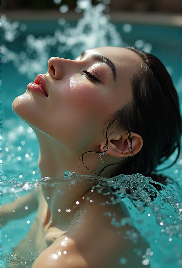 High angle shot photo, High angle view from above, Ultra detailed photo of face of beautiful woman, rise from water, water up to her shoulder, the pool, looking to the camera, high angle view, high angle shot, long hair, splashing waters and water drops around her, hyper realistic, photorealistic, chiaroscuro, high angle view, woman in pool, splashing waters,