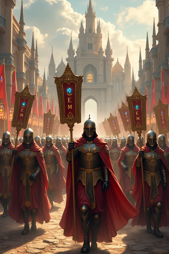 Generate an invincible, rich, indestructible, unmatched, huge medieval-themed jewel kingdom, the soldiers are ready advancing north in several units each squad has a commander holding a bulwark with the words GEM written on it