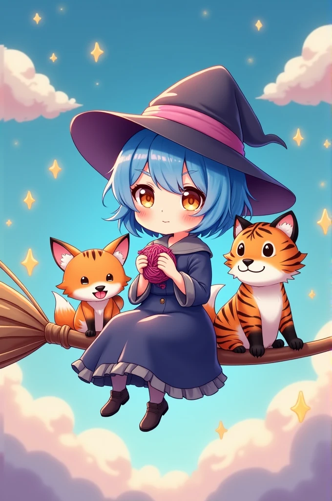 Young witch with short blue hair, Knitting sitting on a flying broom with two pets: A fox and a tiger. chibi style 