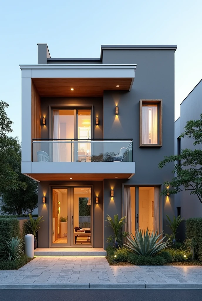duplex moderne avec un seul etage construit sur 10m de large . avec un balcon et une façade avec des disingne realiste. avec de belle couleur