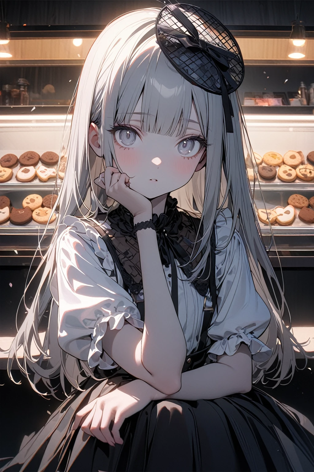 (8K, best quality, master piece: 1.2),super high resolution,1 girl,solo,16yo,ultra-detailed face,detailed eyes,silver eyes,blunt bangs,silver hair,Straight hair,Long hair,pale skin,white short sleeve petal collar blouse,black tiered skirt,black Fascinator,expressionless,lash extension,parted lips,rim light,perfect hands, perfect fingers,eatinga softcream topped with cat-shaped cookies,Looking at viewer,Sitting,indoors Icecream shop