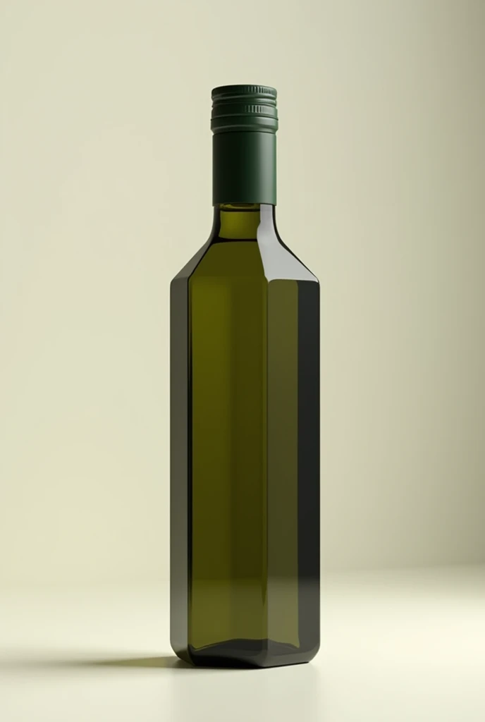Realistic dark transparent green slim oil bottle with octagonal base and body for mockup, I want the same bottle of Olivetto brand extra virgin olive oil, that the bottle has the same characteristics as the Olivetto brand, but is thinner in the middle