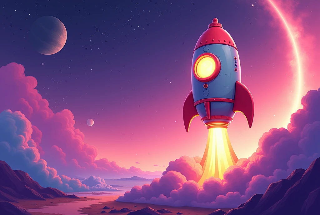 a cartoon rocket in the right corner taking off with space and planets in the background i want it to have a purple theme in landscape mode
