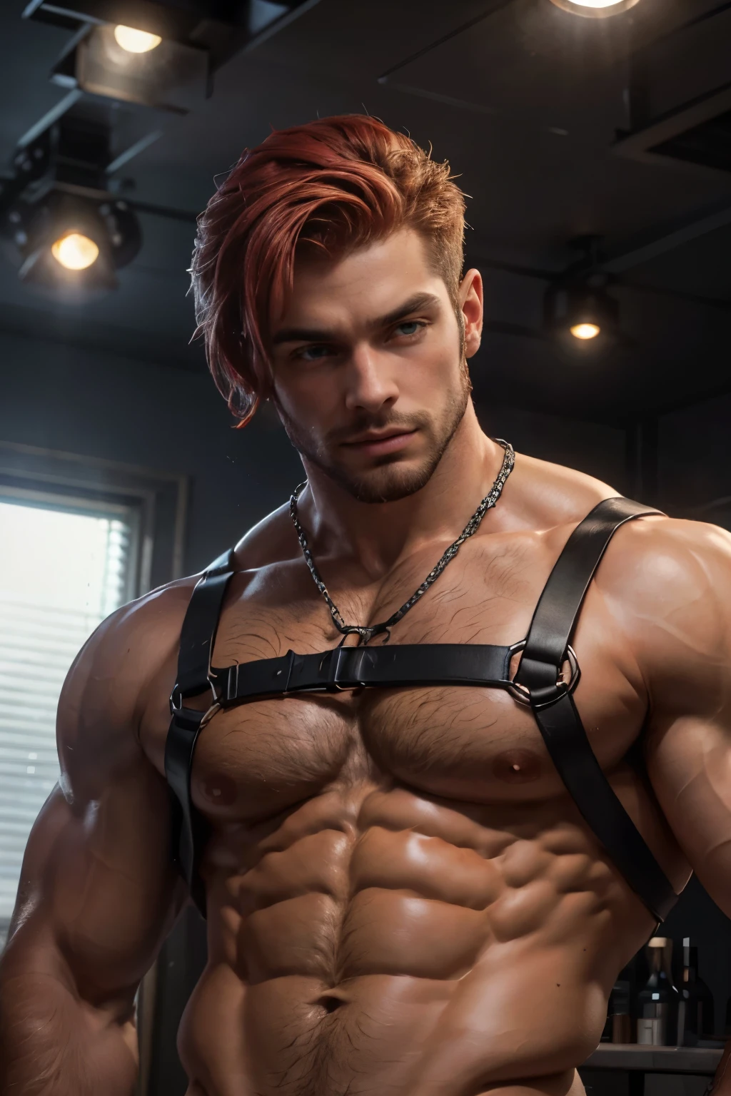 handsome male with red short hair, ((red hair)), (wearing a elegante suit), looking at the viewer, harness. beautiful face, attractive face, model face, male face, detailed eyes, light green eyes, eyes with a halo honey color, dark eyelashes, dark eyelashes, Long eyelashes, small nose, large mouth, square chin, square jaw, perfect beard, muscular body, Tiring from a foreground angle to capture the sensation of texture and vitality, mascle, extremely detailed face, hyper detailed, realistic, photorealistic, 8k, high quality, studio lighting, detailed male body