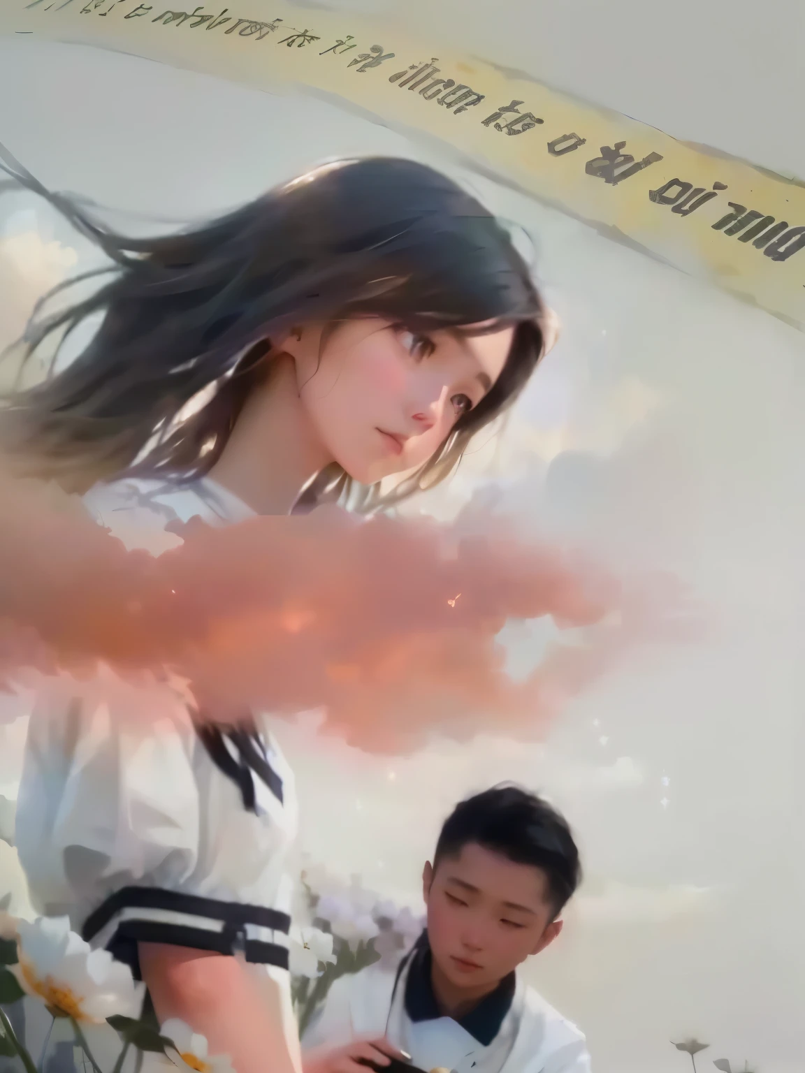 There is a girl standing in a field of flowers looking up at the sky, a girl standing in a field of flowers, a girl walking in a field of flowers, lost in a dream wonderland, standing in a field of flowers, fantastic digital painting, the sky is clearing little by little, The starry sky gradually recedes