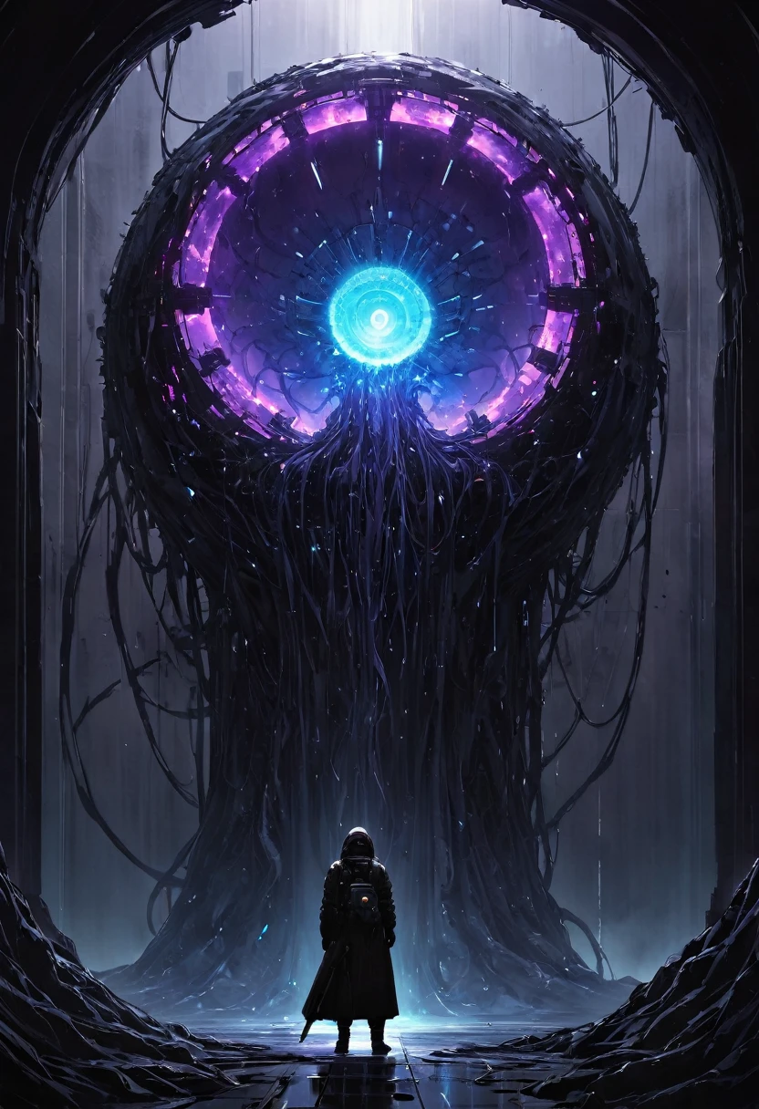 In the middle of the room, SCP-003 is a motherboard, an organic object of about 3 meters in diameter, made of black, tentacle-like material and slowly spreads. The center of the object shows a glowing, crystalline structure, which shimmers blue and purple, as if she is collecting energy. Several scientists in protective suits observe the object from a safe distance, their faces show worried and tense looks. Cables and devices are positioned around SCP-003, as if trying, to control or analyze it. The room appears sterile, but the object radiates a threatening and sinister presence."
The picture should be a dark, tense atmosphere with technological and mysterious elements, to emphasize the feeling of insecurity and danger, surrounding SCP-003.