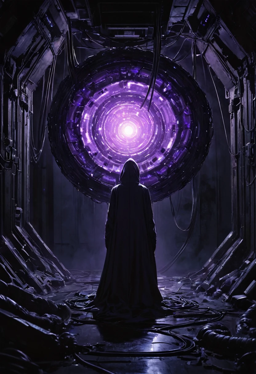 In the middle of the room, SCP-003 is a motherboard, an organic object of about 3 meters in diameter, made of black, tentacle-like material and slowly spreads. The center of the object shows a glowing, crystalline structure, which shimmers blue and purple, as if she is collecting energy. Several scientists in protective suits observe the object from a safe distance, their faces show worried and tense looks. Cables and devices are positioned around SCP-003, as if trying, to control or analyze it. The room appears sterile, but the object radiates a threatening and sinister presence."
The picture should be a dark, tense atmosphere with technological and mysterious elements, to emphasize the feeling of insecurity and danger, surrounding SCP-003.