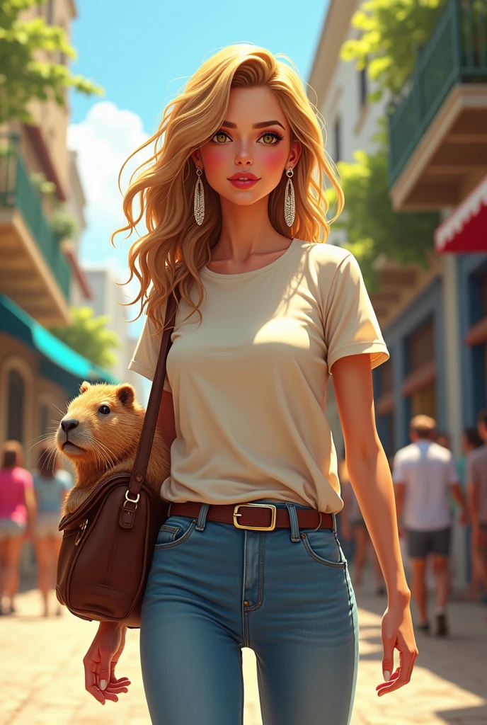 fanart of italian blonde, wavyhair, long silver earrings, rosy cheeks and nose tips, pet capybara in brown shoulder bag, traveling in Brazil, on a Brazilian street wearing light clothing, long t-shirt and basic jeans, amber eyes