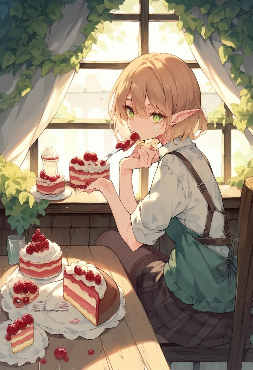 anime girl elf, eats cake, in cafe, face a little dirty with cake