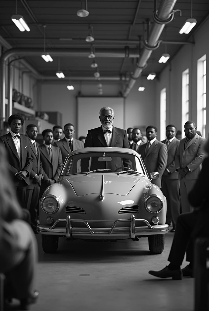 Realistic black and white photography. The photo takes place in 1980. The photo shows men and women dressed in formal and elegant clothes.. Some are sitting and some are standing. 
In the center of all, there is a black man, aged 60, with formal clothes, beard and mustache.
Everyone is in a big mechanic shop. In front of them all, there is a volkswagen karmann ghia being built.