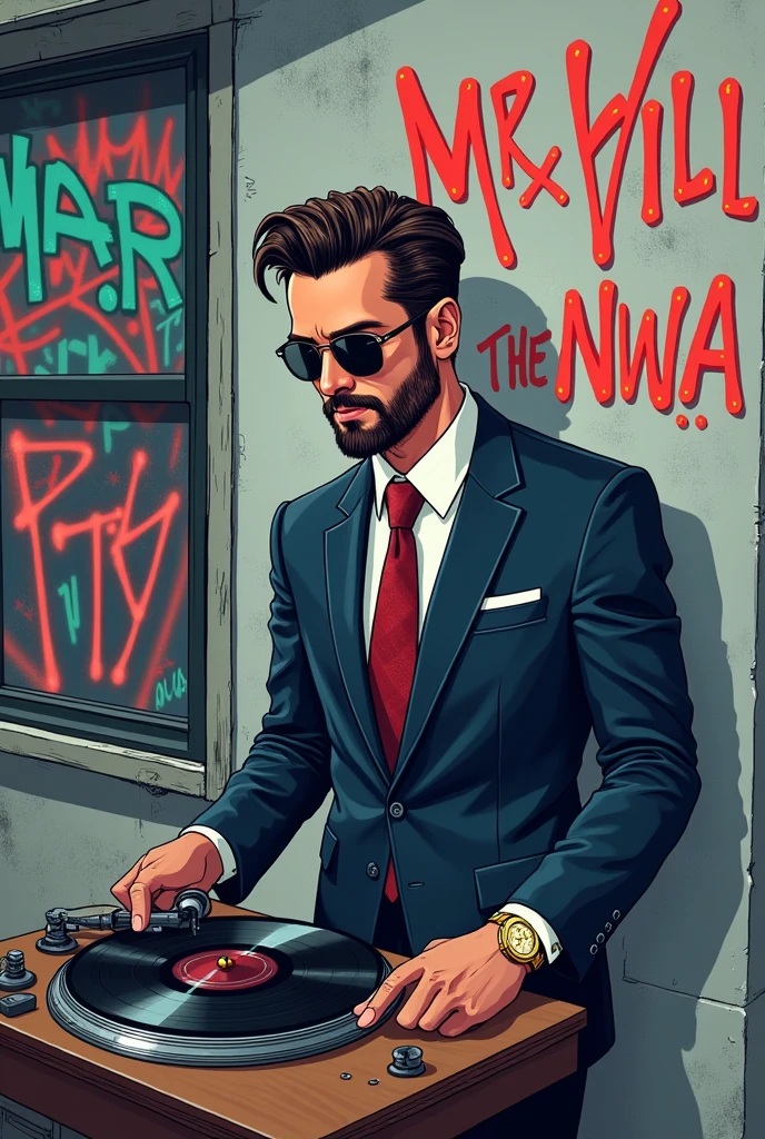 a gentleman in a noble suit wearing sunglasses, has a gold watch on his wrist, who has a well-groomed beard, beautiful hair combed back and no braid, and a record is playing on the record player should be MrVinyLP in the form of a funny cartoon from the 80s the background should be a grey house wall with various graffiti Park Hill, 187, n.W.a, in different colors