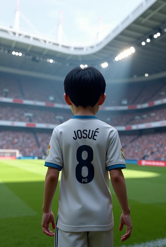 creates an image of a boy from behind with straight straight black hair, with the Real Madrid shirt with the name "Josué" and the number 8 and the boy walks around the stadium (realistic style, and better quality)