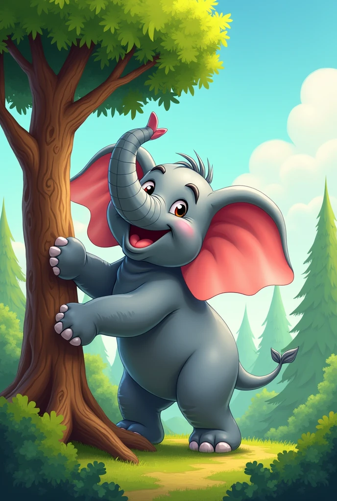 Create a cartoon elephant lifting a tree with its trunk
